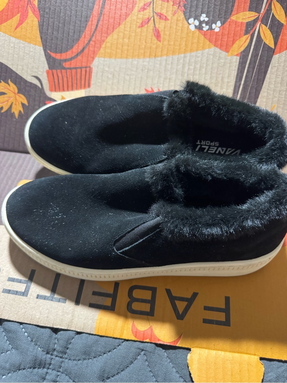 Vaneli Sport women’s  Black Faux-Fur Slip-On Sneakers